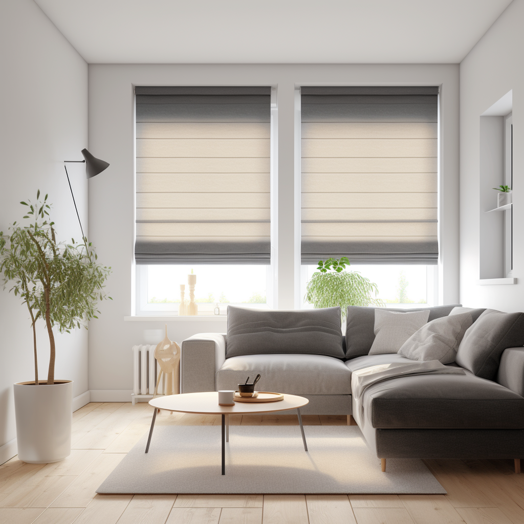 Transparante linnenlook vouwgordijn in woonkamer met moderne inrichting.