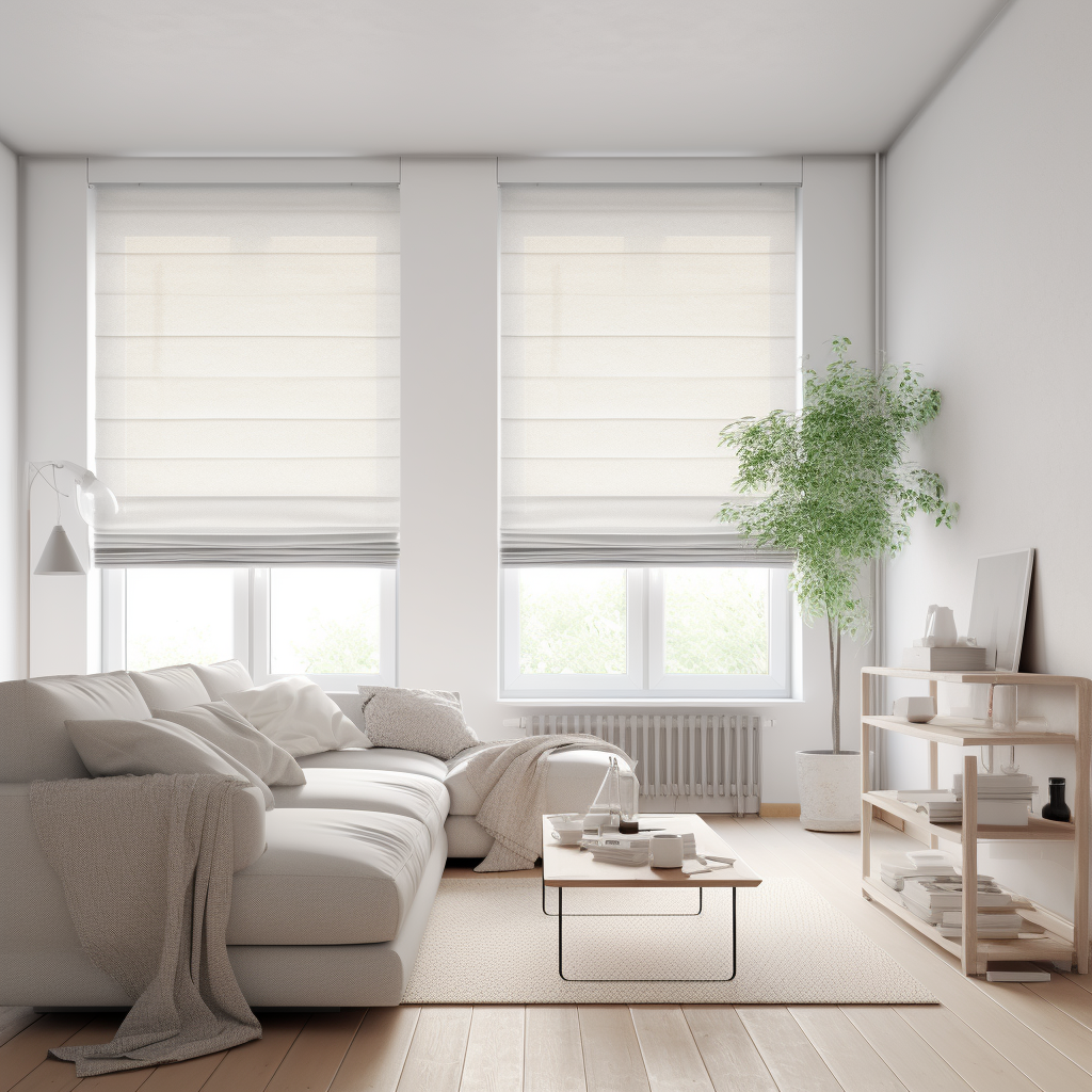 Witte vouwgordijnen transparant op maat in moderne woonkamer met natuurlijk licht en minimalistische inrichting