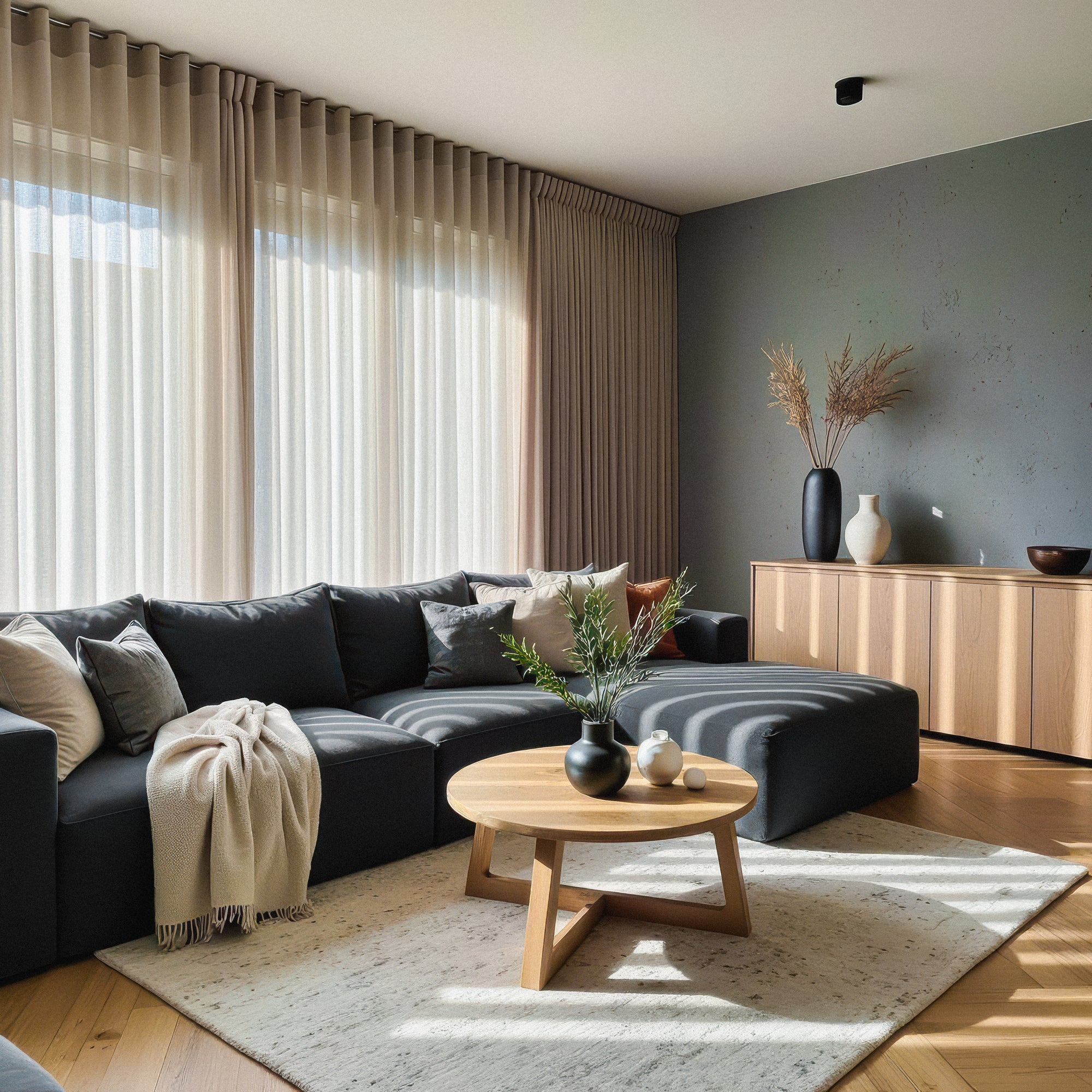 Beige inbetween gordijnen op maat woonkamer moderne raamdecoratie vitrage overgordijnen combinatie